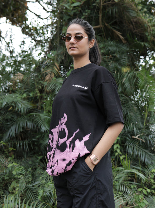 Burning Soul- Fire Print Black Crew Neck T-shirt