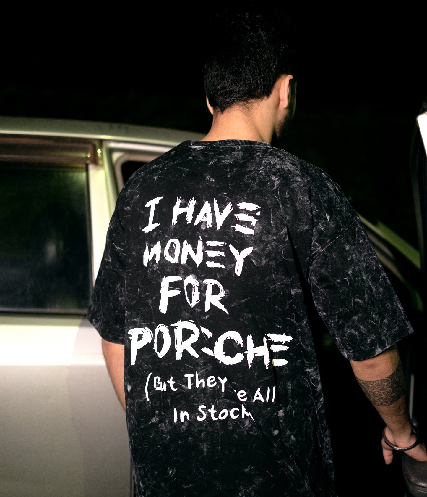 Porsche- Black Acid Wash Round Neck T-shirt