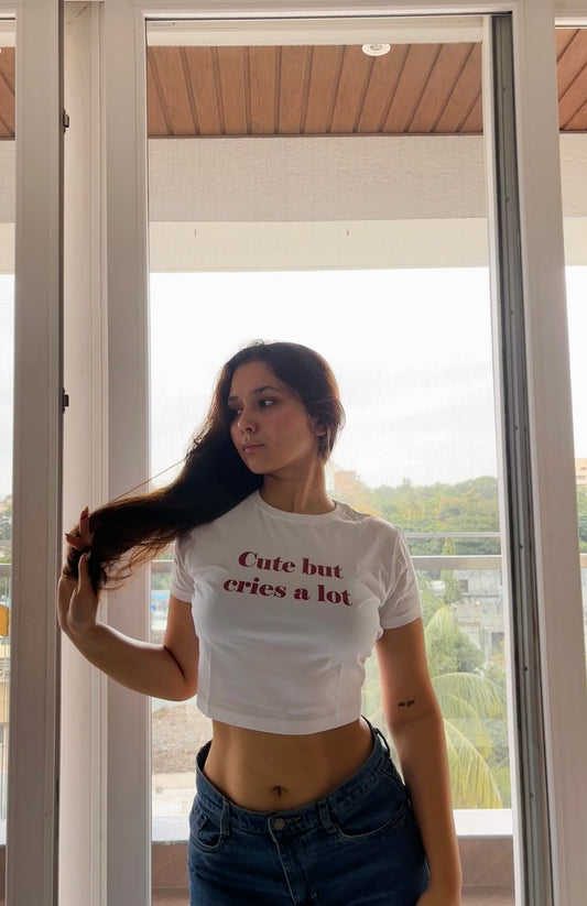CUTE BUT CRIES A LOT- White Crop Top