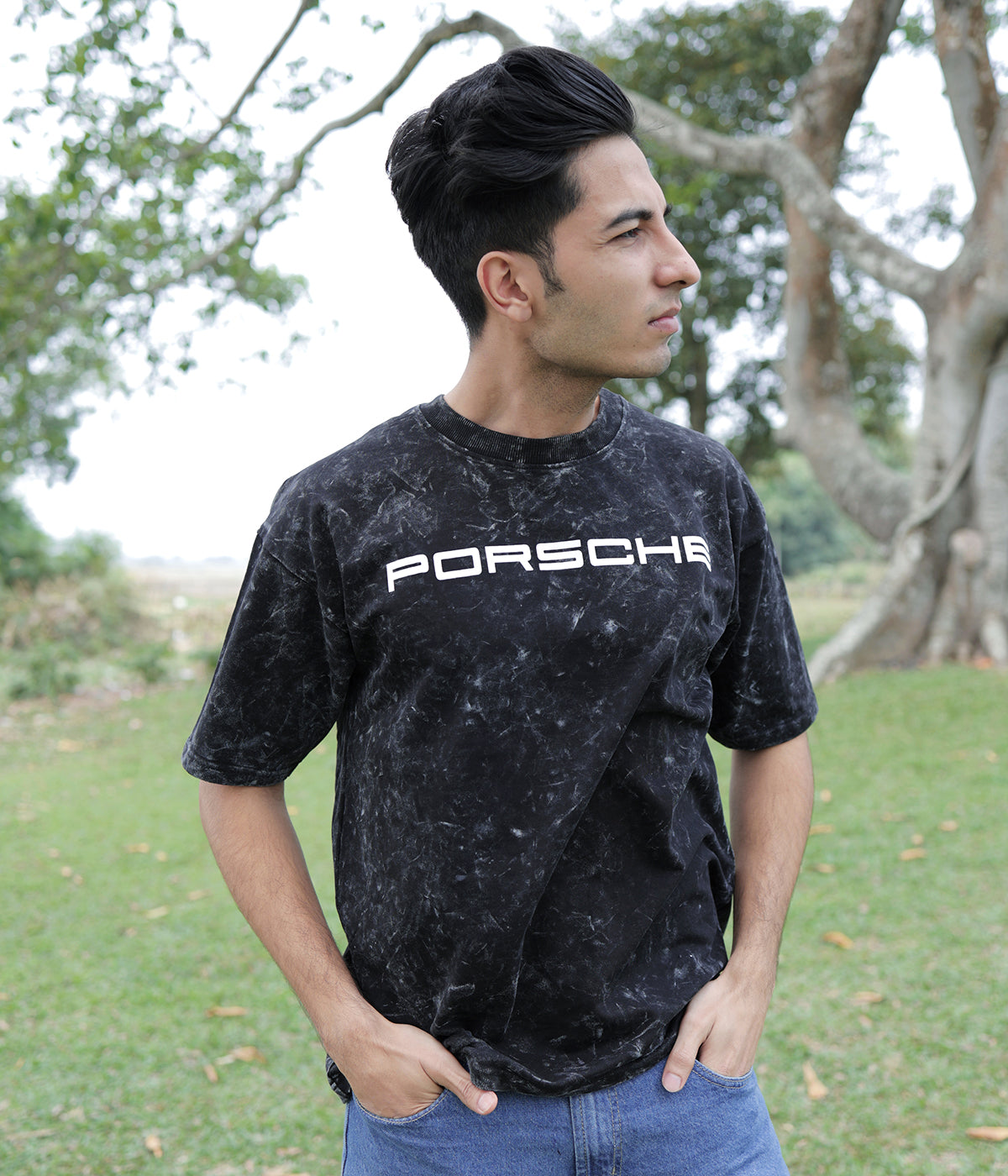 Porsche- Black Acid Wash Round Neck T-shirt