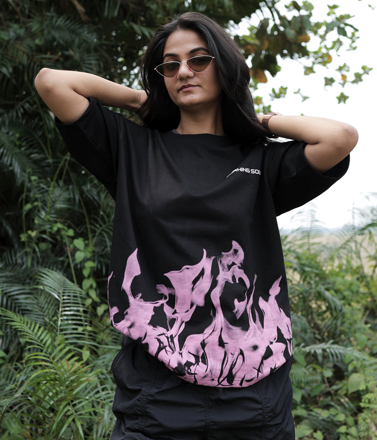 Burning Soul- Fire Print Black Crew Neck T-shirt