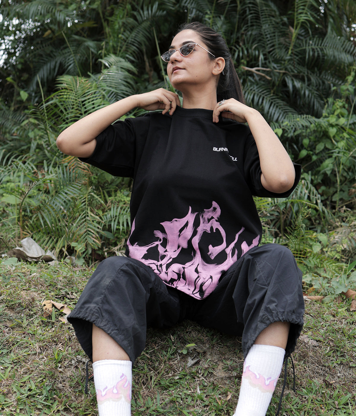 Burning Soul- Fire Print Black Crew Neck T-shirt