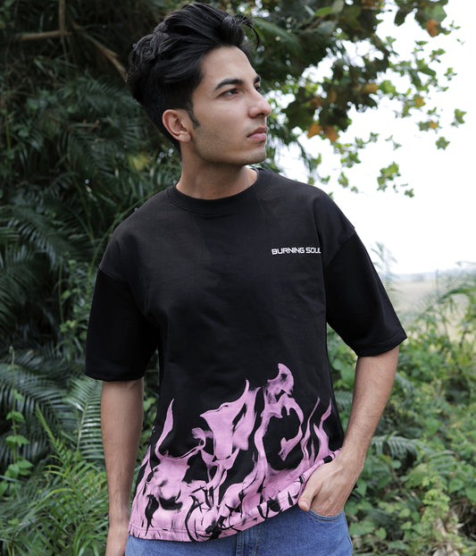 Burning Soul- Fire Print Black Crew Neck T-shirt