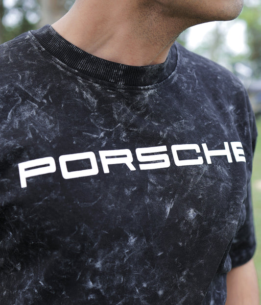 Porsche- Black Acid Wash Round Neck T-shirt