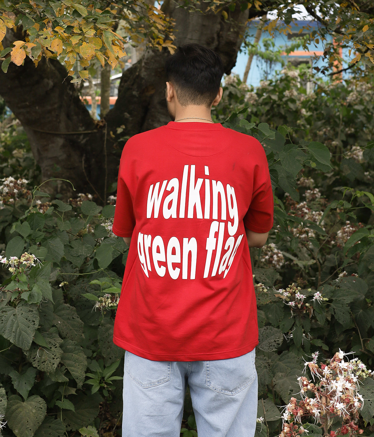 Walking Green Flag- Red Round Neck T-shirt